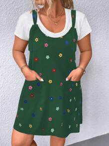 Calvaya Plus Floral Print Overall Dress Without Tee - Dark Green - View 3