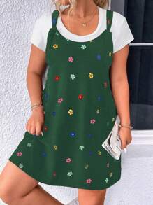 Calvaya Plus Floral Print Overall Dress Without Tee - Dark Green - View 4