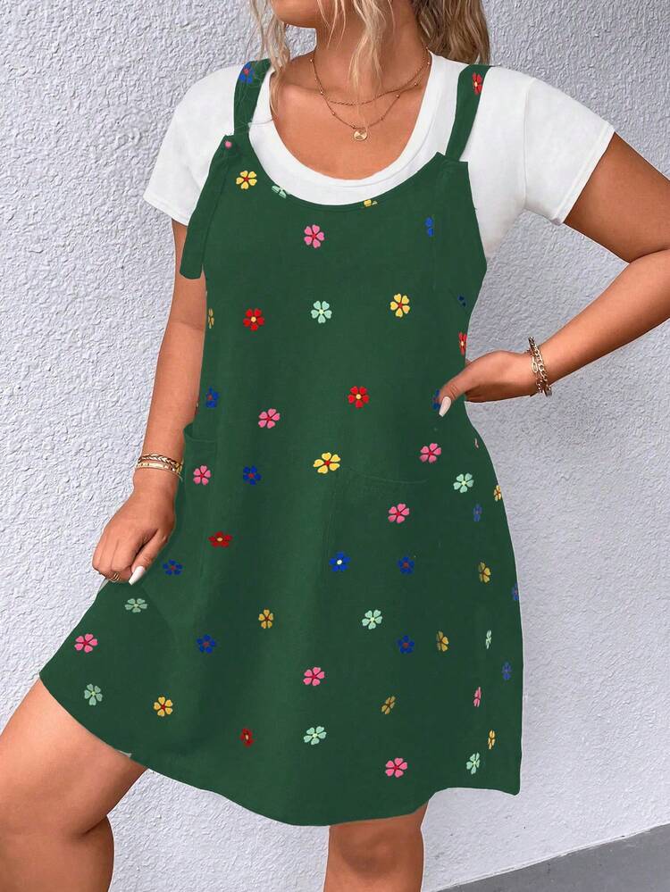 Calvaya Talla grande Vestido overol con estampado floral sin camiseta - Verde Oscuro - Añade 5
