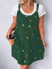 Calvaya Plus Floral Print Overall Dress Without Tee - Dark Green - View 6