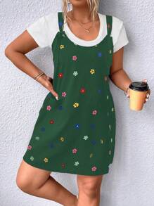 Calvaya Plus Floral Print Overall Dress Without Tee - Dark Green - View 7