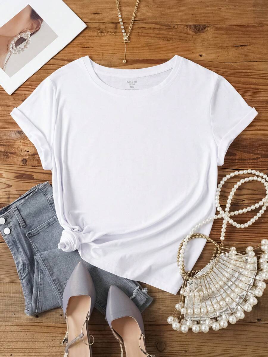 INAWLY 大碼素色圓領T恤 - 白色 - 查看 1