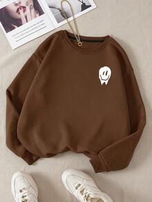INAWLY Slogan Graphic Thermal Lined Sweatshirt - Brown - View 2