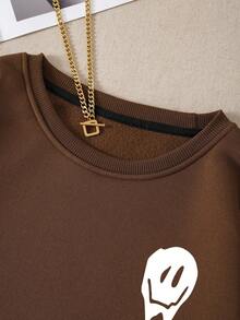 INAWLY Slogan Graphic Thermal Lined Sweatshirt - Brown - View 6