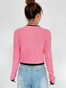 SHEIN Qutie 撞色滾邊前紐扣開襟衫帶吊帶內搭針織上衣 - 粉色 - 查看 2