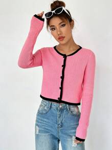 SHEIN Qutie 撞色滾邊前紐扣開襟衫帶吊帶內搭針織上衣 - 粉色 - 查看 4