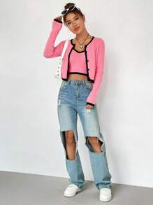 SHEIN Qutie 撞色滾邊前紐扣開襟衫帶吊帶內搭針織上衣 - 粉色 - 查看 6