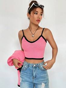 SHEIN Qutie 撞色滾邊前紐扣開襟衫帶吊帶內搭針織上衣 - 粉色 - 查看 7