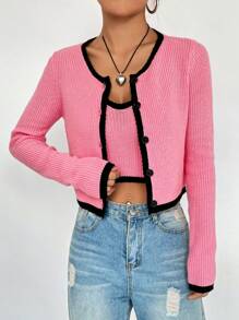 SHEIN Qutie 撞色滾邊前紐扣開襟衫帶吊帶內搭針織上衣 - 粉色 - 查看 1