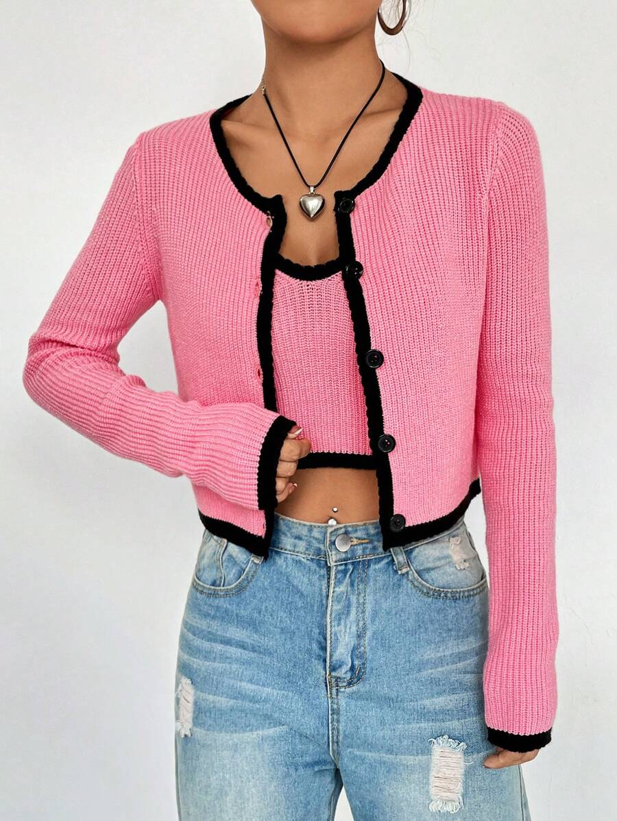 SHEIN Qutie 撞色滾邊前紐扣開襟衫帶吊帶內搭針織上衣 - 粉色 - 查看 1