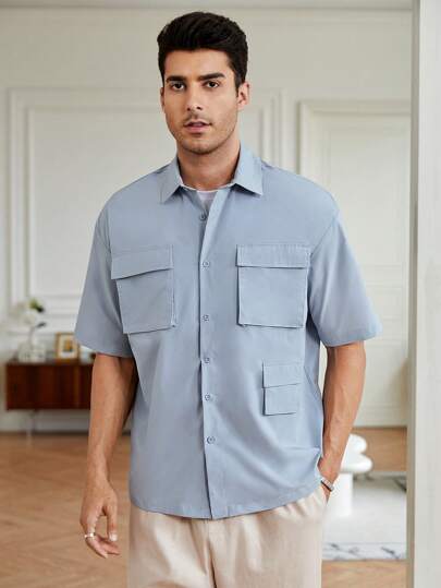 GENTILAND Guys Flap Pocket Drop Shoulder Shirt