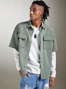 ROMWE MEN Street Life Guys Flap Pocket Drop Shoulder Denim Shirt Without Tee - Mint Green - View 1