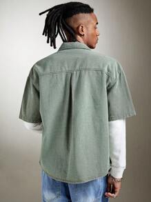 ROMWE MEN Street Life Guys Flap Pocket Drop Shoulder Denim Shirt Without Tee - Mint Green - View 2