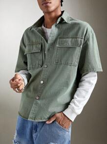 ROMWE MEN Street Life Guys Flap Pocket Drop Shoulder Denim Shirt Without Tee - Mint Green - View 3