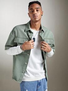 ROMWE MEN Street Life Guys Flap Pocket Drop Shoulder Denim Shirt Without Tee - Mint Green - View 4