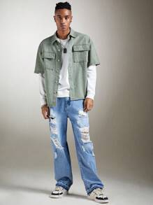 ROMWE MEN Street Life Guys Flap Pocket Drop Shoulder Denim Shirt Without Tee - Mint Green - View 5