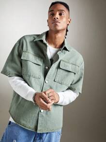 ROMWE MEN Street Life Guys Flap Pocket Drop Shoulder Denim Shirt Without Tee - Mint Green - View 7