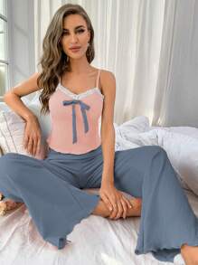 Bow Front Lettuce Trim Cami Top & Trousers PJ Set - Multicolor - View 6