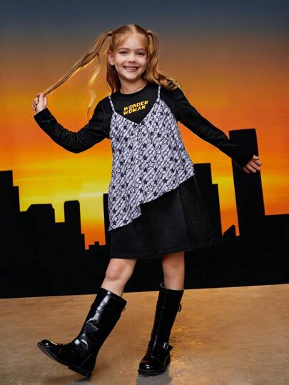 WONDER WOMAN X SHEIN Tween Girl Letter & Star Print 2 In 1 Dress Spring And Autumn Style