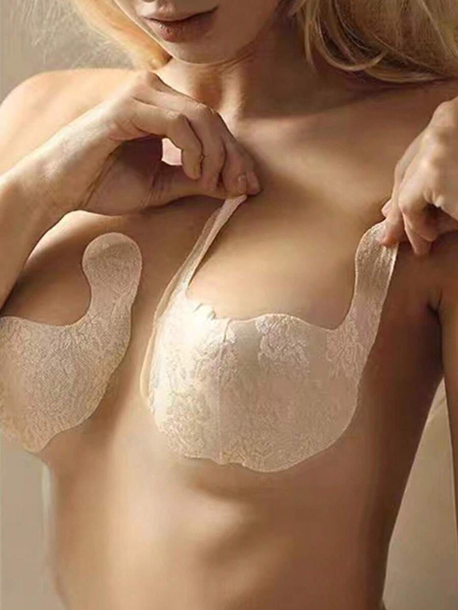 Skin-Colored Lace Invisible Push-Up Sticky Bra,Fabric Beige Lace Lift Up Breast Pads Reusable Nipple Covers,Bra,Sticky Bra,Lingerie,Strapless Bra,Push Up Bra,Lingerie For Women,Bra For Women,Backless Bra, Suitable For Formal Dresses, Dates, Wedding, Travel, Vacation, Holiday, Festival, Bride, Spring, - Beige - View 1
