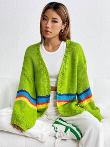 SHEIN Qutie 條紋圖案落肩袖開襟衫 - 彩色 - 查看 3