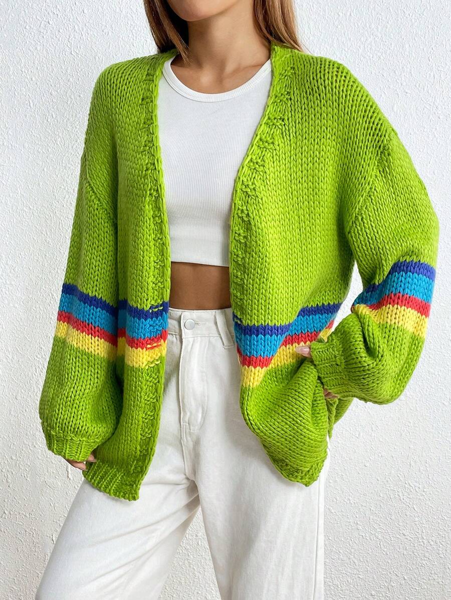 SHEIN Qutie 條紋圖案落肩袖開襟衫 - 彩色 - 查看 1