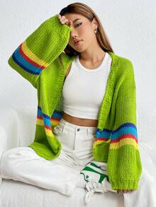 SHEIN Qutie 條紋圖案落肩袖開襟衫 - 彩色 - 查看 5