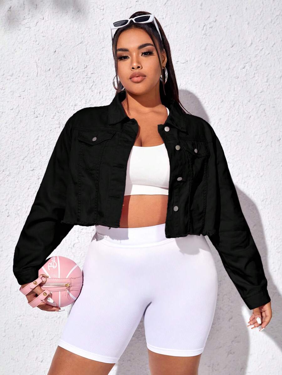 大碼翻蓋口袋毛邊牛仔夾克 - 黑色 - 查看 1