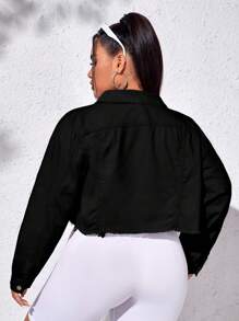 大碼翻蓋口袋毛邊牛仔夾克 - 黑色 - 查看 2