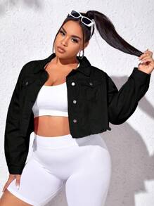 大碼翻蓋口袋毛邊牛仔夾克 - 黑色 - 查看 5