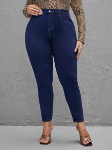 SHEIN LUNE 大碼高腰緊身牛仔褲 - 深色水洗藍 - 查看 1