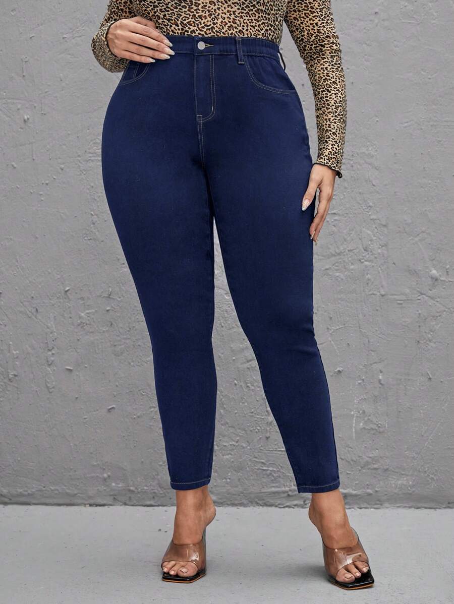 SHEIN LUNE 大碼高腰緊身牛仔褲 - 深色水洗藍 - 查看 1