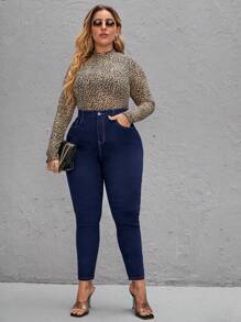 SHEIN LUNE 大碼高腰緊身牛仔褲 - 深色水洗藍 - 查看 3