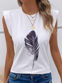 SHEIN LUNE 羽毛印花T恤 - 白色 - 查看 1