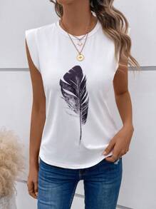 SHEIN LUNE 羽毛印花T恤 - 白色 - 查看 3
