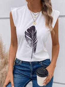 SHEIN LUNE 羽毛印花T恤 - 白色 - 查看 4