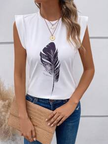 SHEIN LUNE 羽毛印花T恤 - 白色 - 查看 5