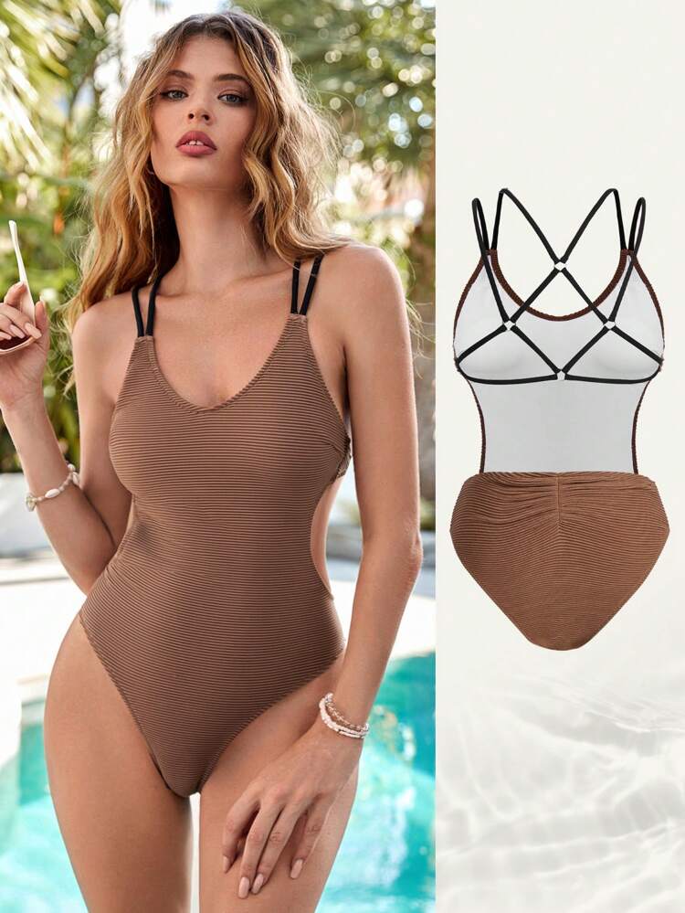 Ring Linked Ruched Backless One-Piece Swimsuit Bathing Suit For Summer Beach