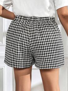 SHEIN Clasi Plus Houndstooth Print Button Detail Shorts - Black and White - View 3