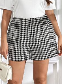 SHEIN Clasi Plus Houndstooth Print Button Detail Shorts - Black and White - View 1