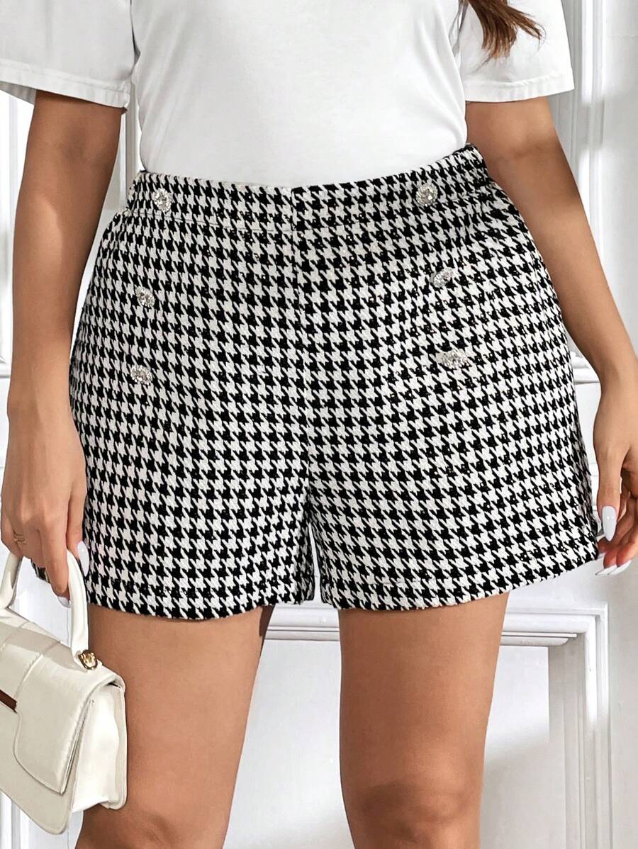 SHEIN Clasi Plus Houndstooth Print Button Detail Shorts - Black and White - View 1