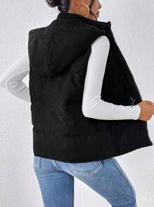 SHEIN Frenchy 腰部抽繩拉鍊連帽背心燈芯絨大衣 - 黑色 - 查看 2