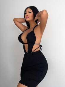 SHEIN SXY 鏤空後背繫帶吊脖緊身洋裝 - 黑色 - 查看 3