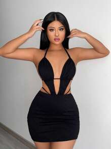 SHEIN SXY 鏤空後背繫帶吊脖緊身洋裝 - 黑色 - 查看 5