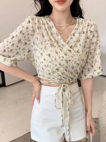 DAZY Ditsy Floral Print Knot Front Wrap Top - Beige - View 1