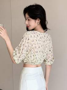 DAZY Ditsy Floral Print Knot Front Wrap Top - Beige - View 2