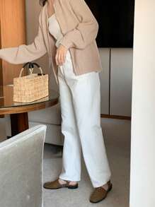 DAZY Chất rắn Nút phía trước Tay Raglan Áo len Mở - Màu be - Xem 5