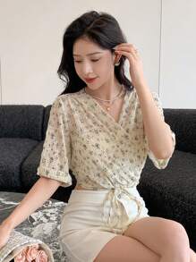 DAZY Ditsy Floral Print Knot Front Wrap Top - Beige - View 3