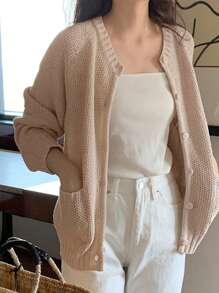 DAZY Chất rắn Nút phía trước Tay Raglan Áo len Mở - Màu be - Xem 6