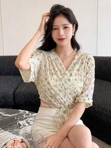 DAZY Ditsy Floral Print Knot Front Wrap Top - Beige - View 6